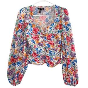 Aqua Floral Ruched Bust Long Sleeve Blouse Size Small